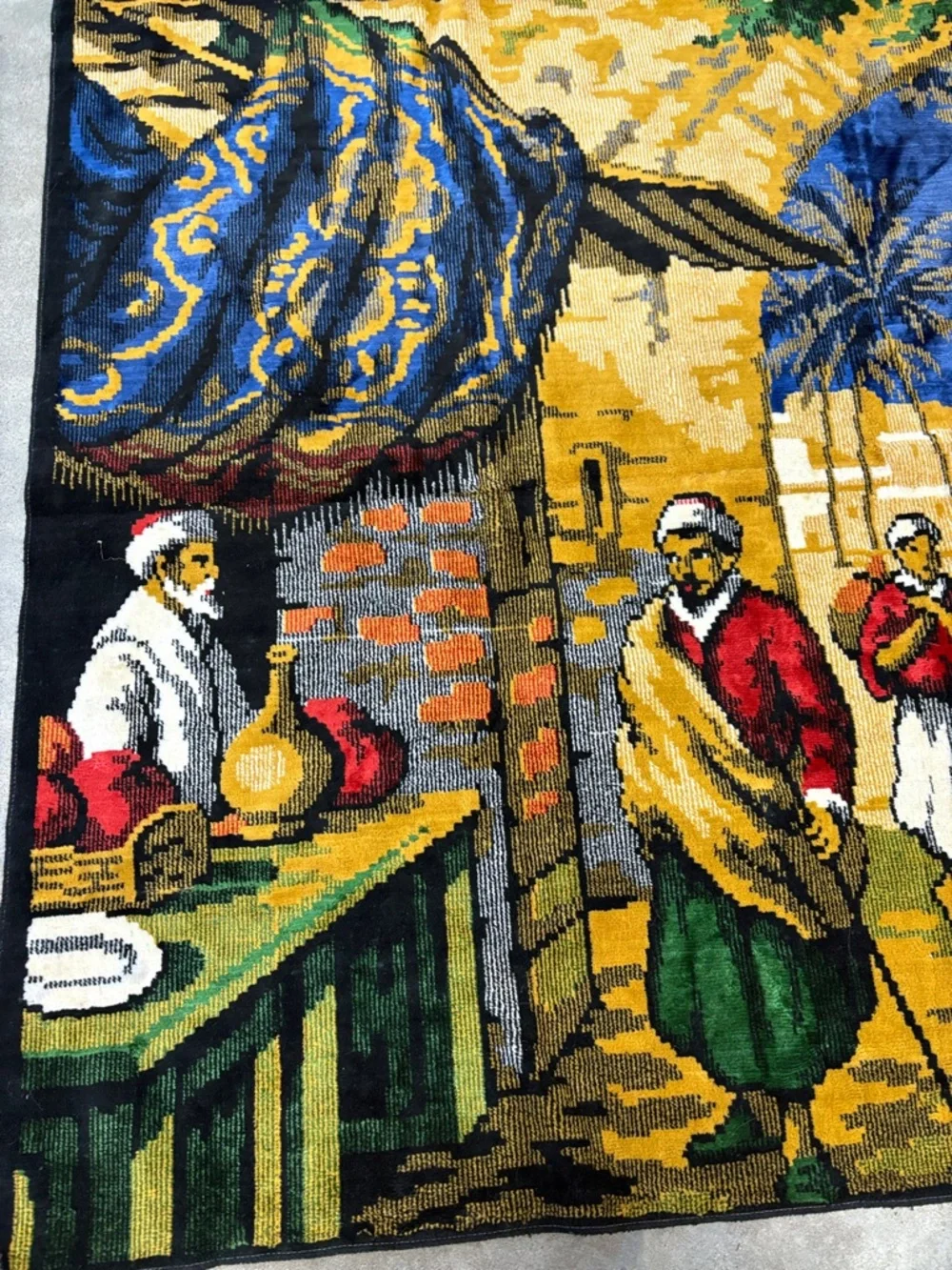 Vintage-Style Tapestry Wall Hanging — Blue, Gold, Red Scene 56” x 38” large size